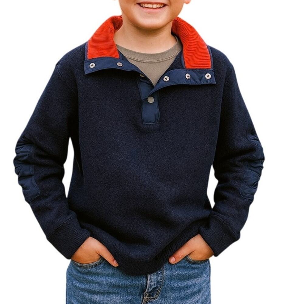 Orvis Boys Large Sweater Navy Red Collar Elbow Patches Outdoors